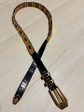 Rare B.B. Simon Black and Gold Solid Brass and Leather Belt Size XL